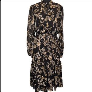Tommy Hilfiger Black and Brown Floral Long Sleeve Belted Dress Size 4